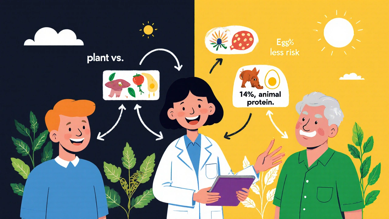 A dietitian guiding patients through a chart comparing plant and animal proteins.