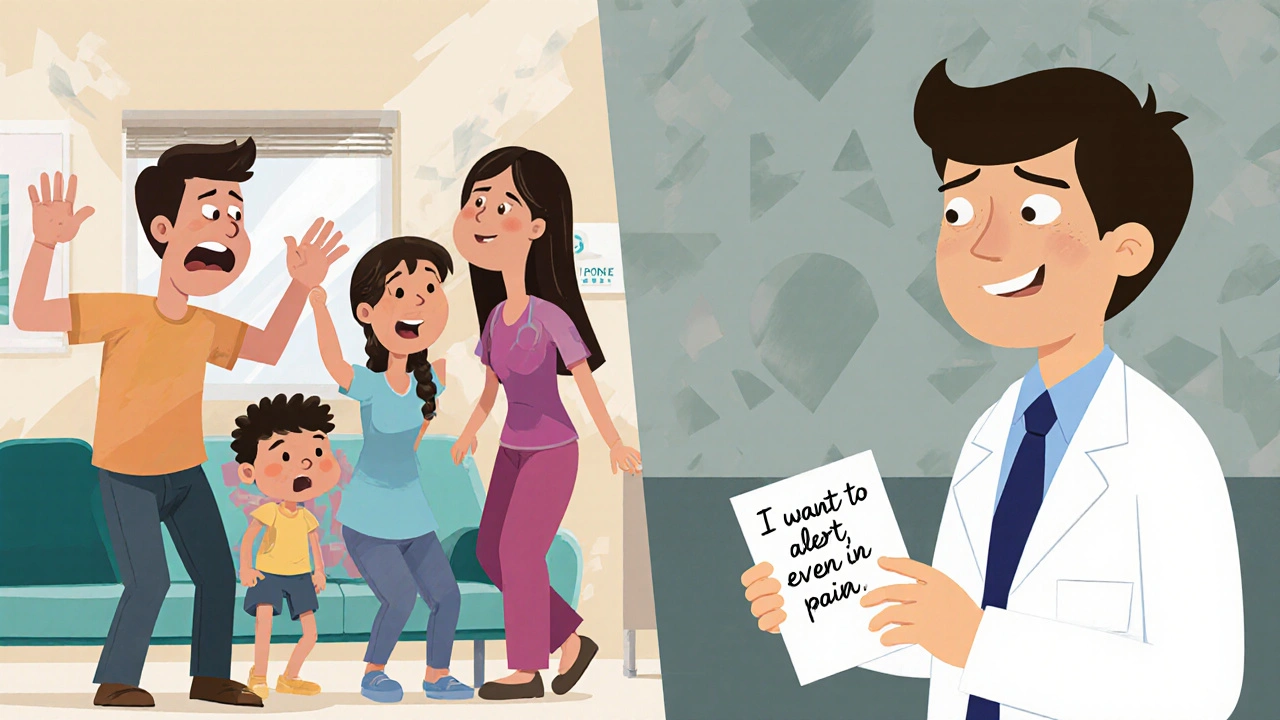 A family arguing in a hospital waiting room contrasted with a calm agent discussing care options with a doctor.