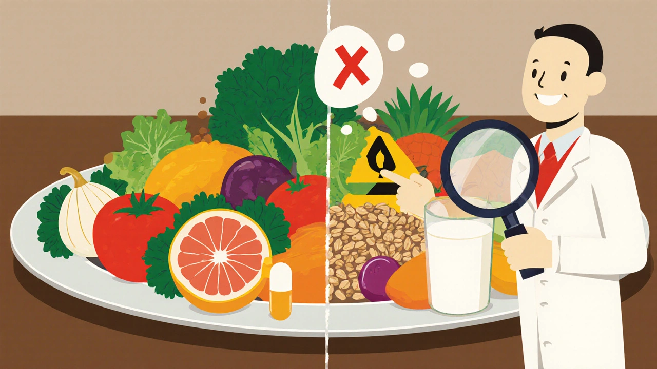 A healthy plate with vegetables next to a pill and warning signs for grapefruit and milk.