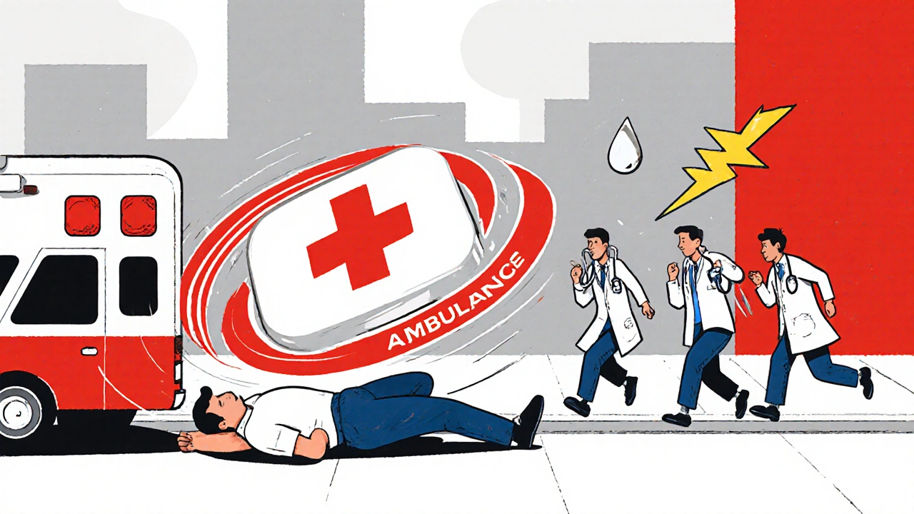 A man collapsed as a giant aspirin pill hovers above him, with cartoon doctors rushing in during an emergency.