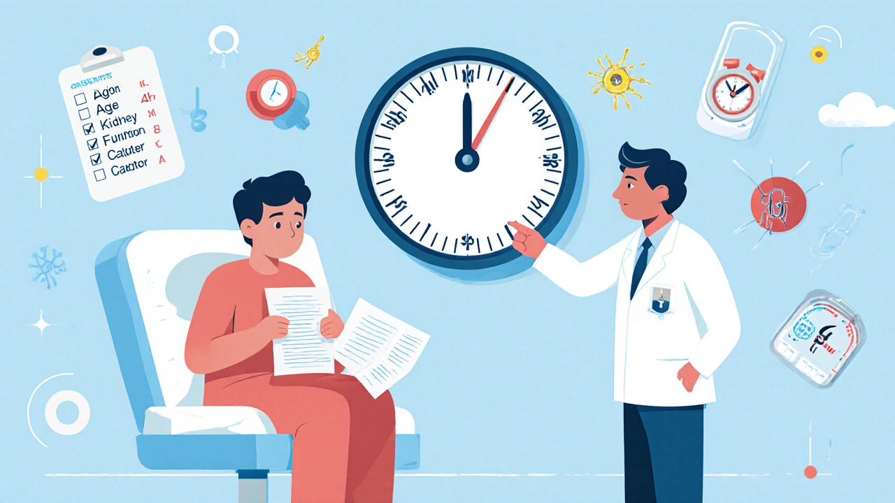 A patient and doctor reviewing a medication schedule with a clock and risk factor icons in clean UPA cartoon illustration.