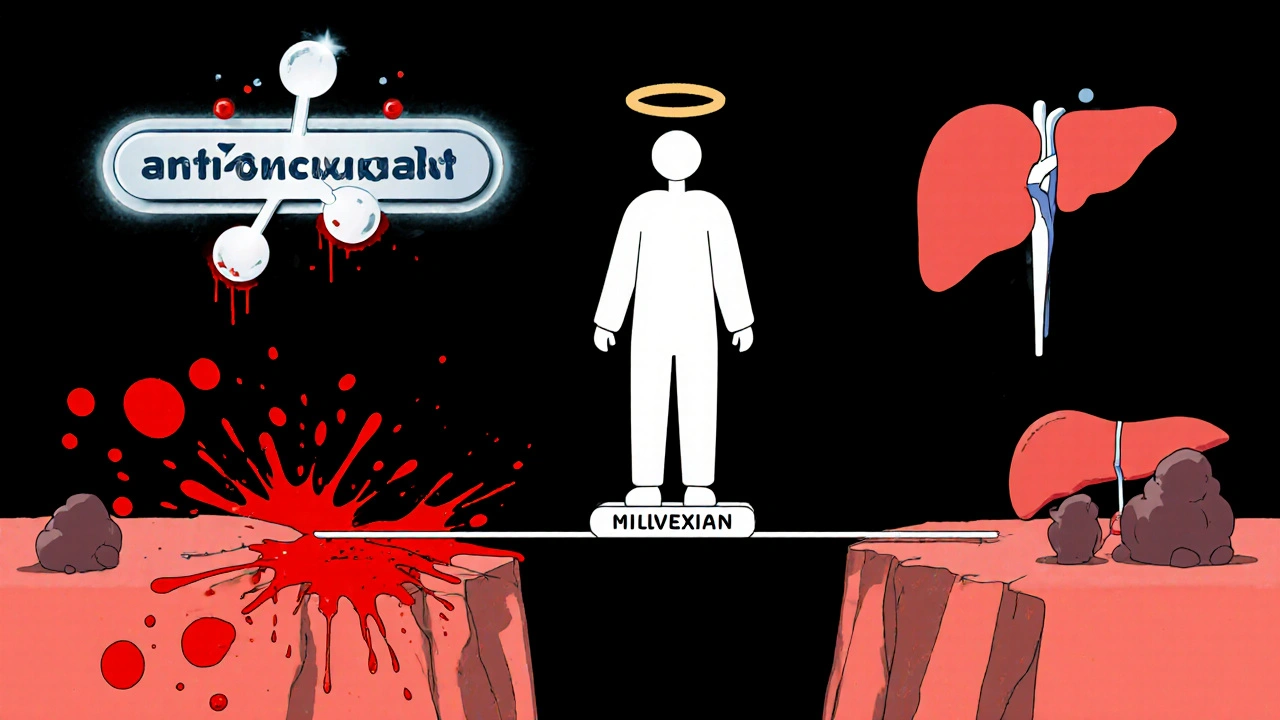 A person balancing on a tightrope between clots and bleeding, with a futuristic drug glowing above.