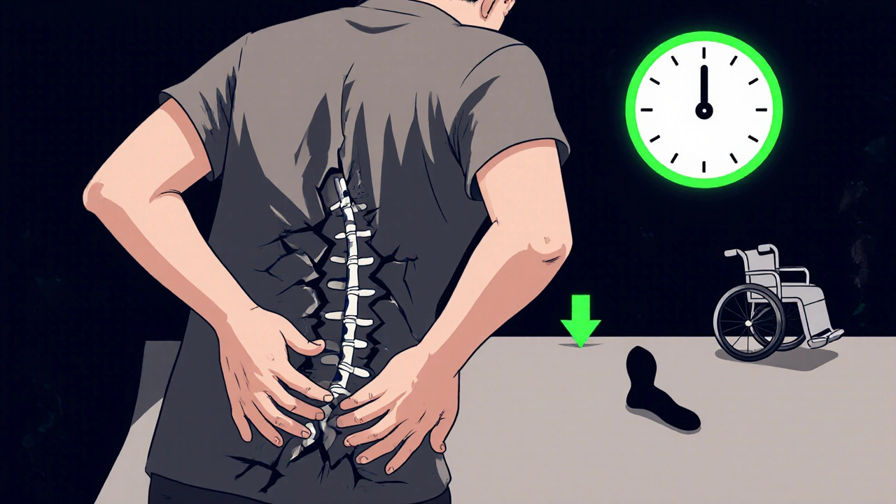 A person in pain with a fading recovery arrow as time runs out, symbolizing the urgency of spinal hematoma treatment.