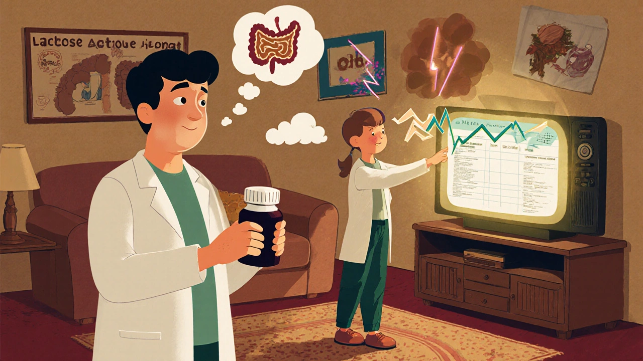 A person reacting to invisible ingredients like lactose and dye in a living room with a pharmacist nearby.