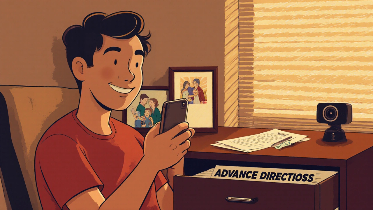 A person recording a video message about their medical wishes at home, with advance directive documents visible nearby.