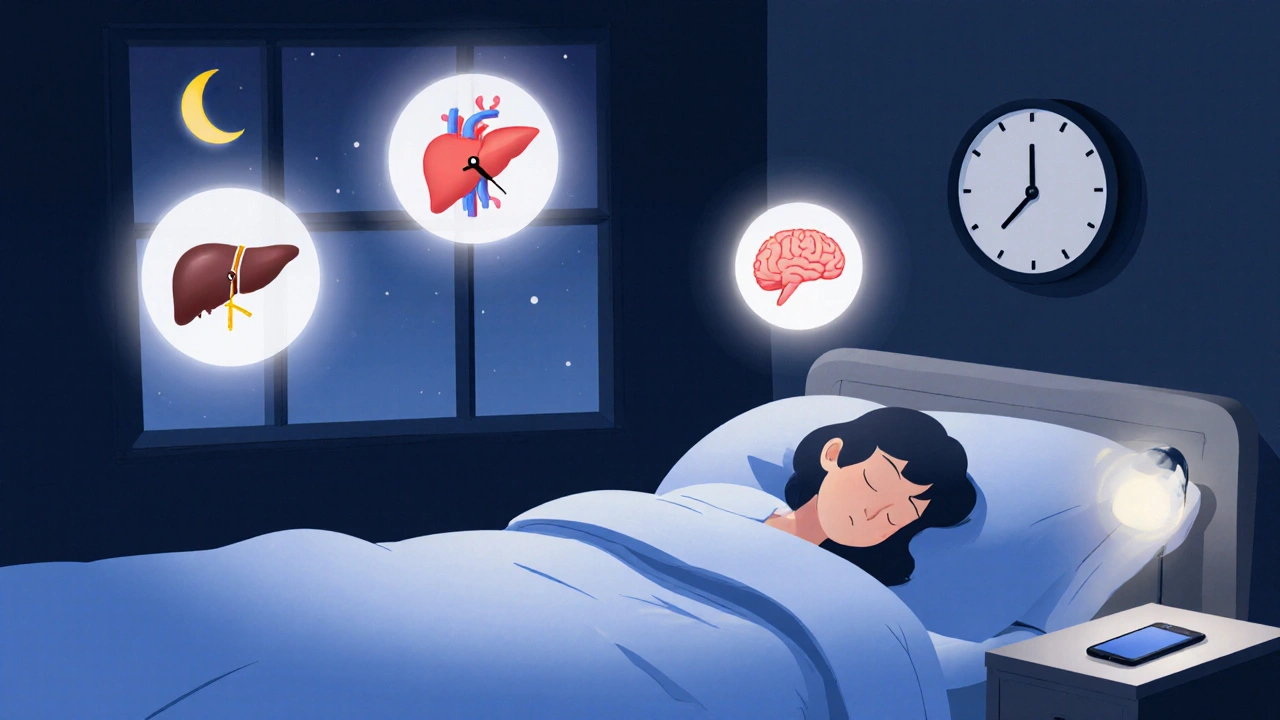 A person sleeping peacefully with glowing icons representing body repair during rest.