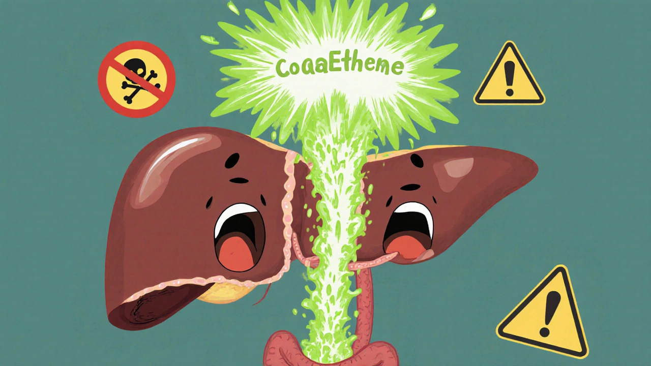 A screaming liver with alcohol and cocaine streams colliding, producing toxic green cocaethylene.
