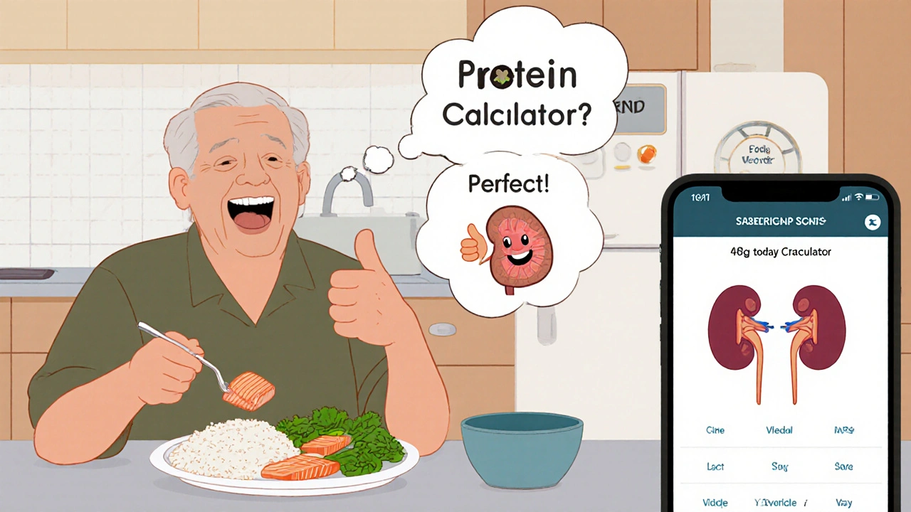 An older adult eating a kidney-friendly meal with a smiling kidney in a thought bubble.