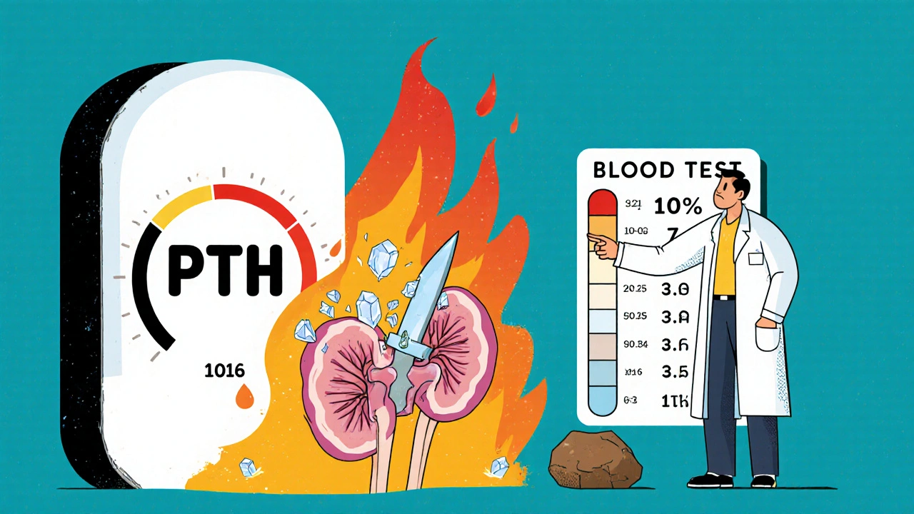 An overheating PTH thermostat causes a bone to break while calcium crystals form kidney stones.