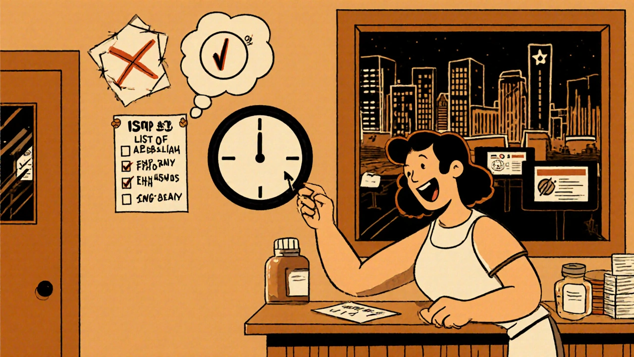 Community pharmacist posting error-prone abbreviations list on the wall at dawn.