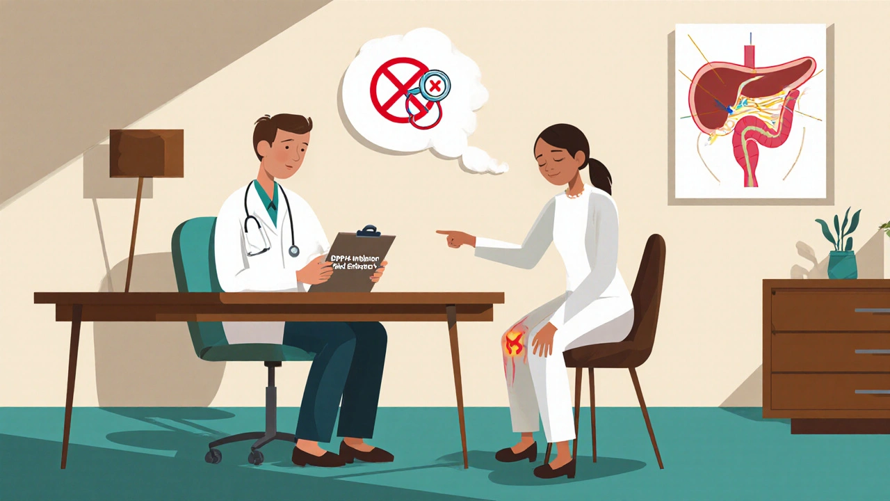 Doctor and patient discussing joint pain linked to diabetes drugs, illustrated in UPA style