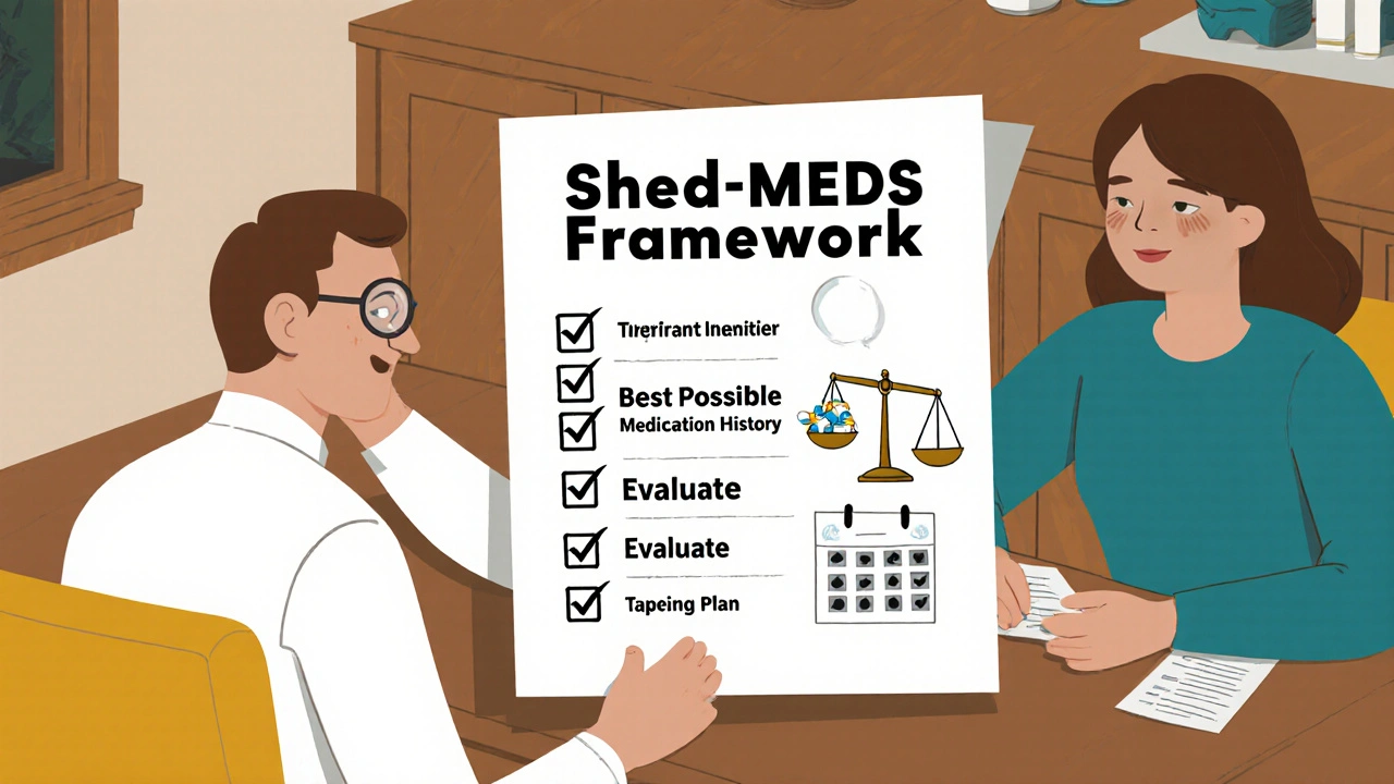 Doctor and patient reviewing Shed-MEDS framework checklist at a kitchen table