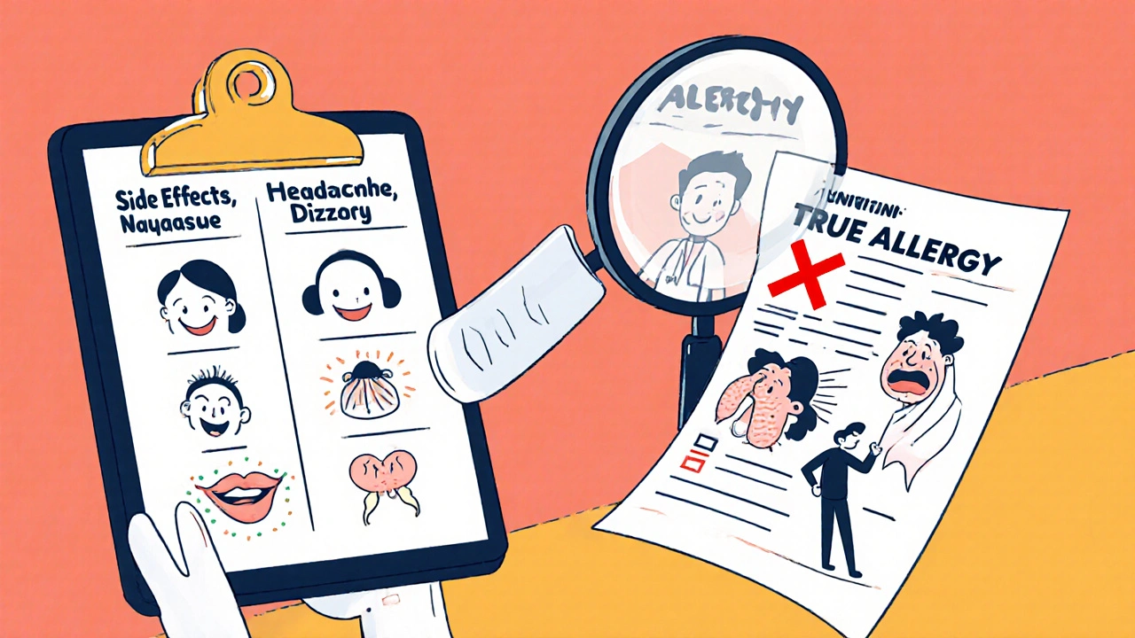 Doctor comparing side effects and true allergy symptoms on a clipboard with bold cartoon icons.