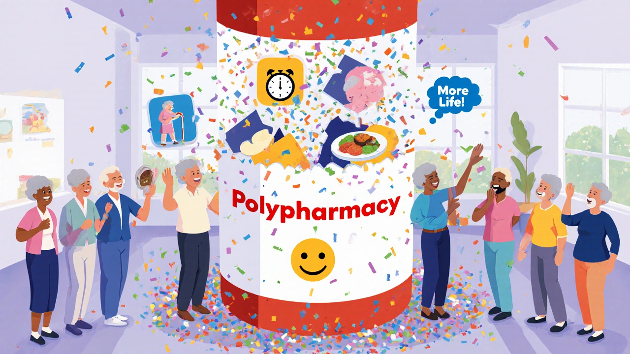 Older adults celebrating as a medication bottle breaks into symbols of better health