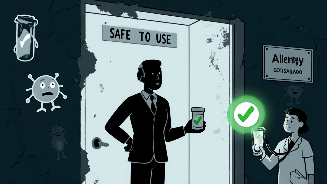 Patient removing a peeling &#039;allergy&#039; label while holding penicillin with a checkmark.