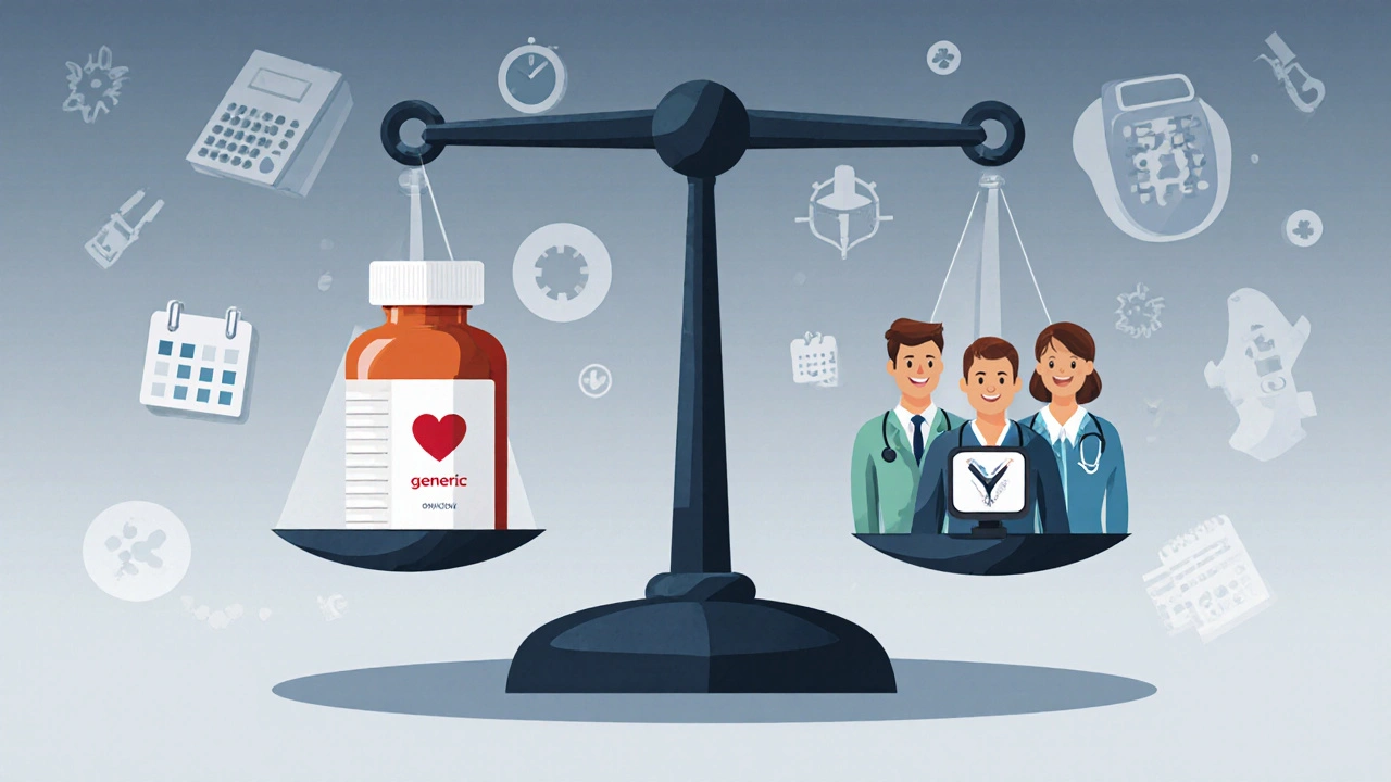 Scale balancing branded and generic drugs, tipped by patient care team and heart icon in UPA style.
