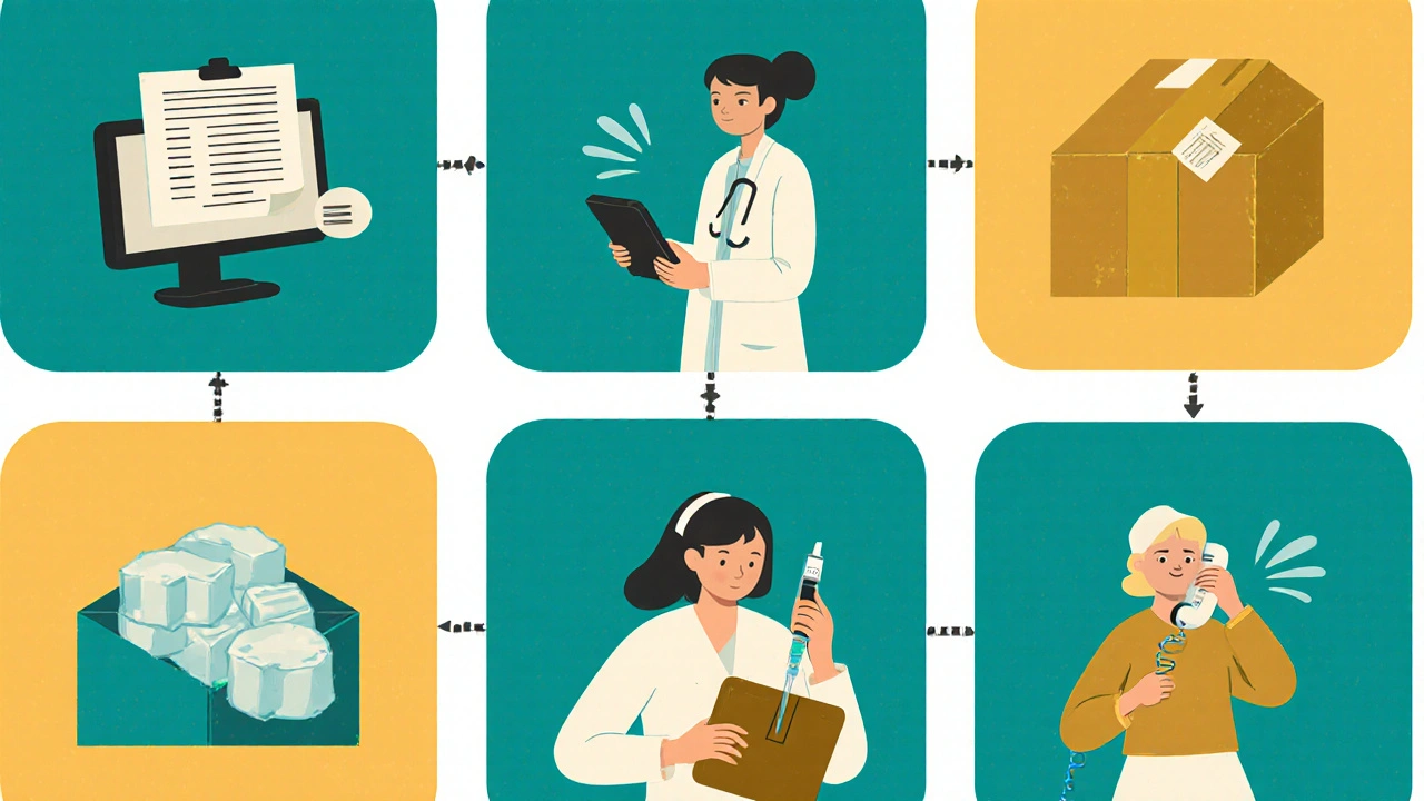 Six-panel cartoon showing patient journey from prescription to follow-up call in UPA style.