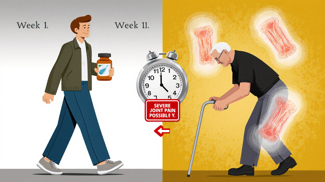 Split image showing improvement and decline due to medication, cartoon medical warning