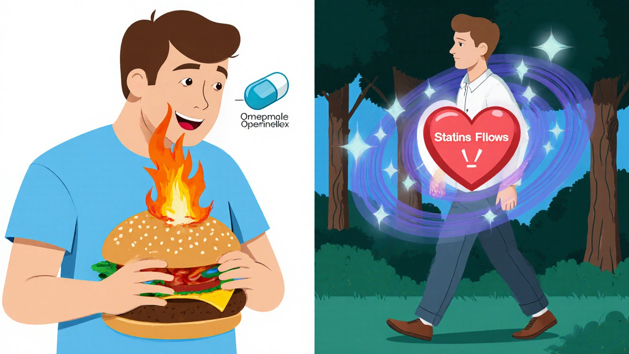 Split scene: one man with acid reflux flames, another with healthy heart flow, showing different chest pain causes.