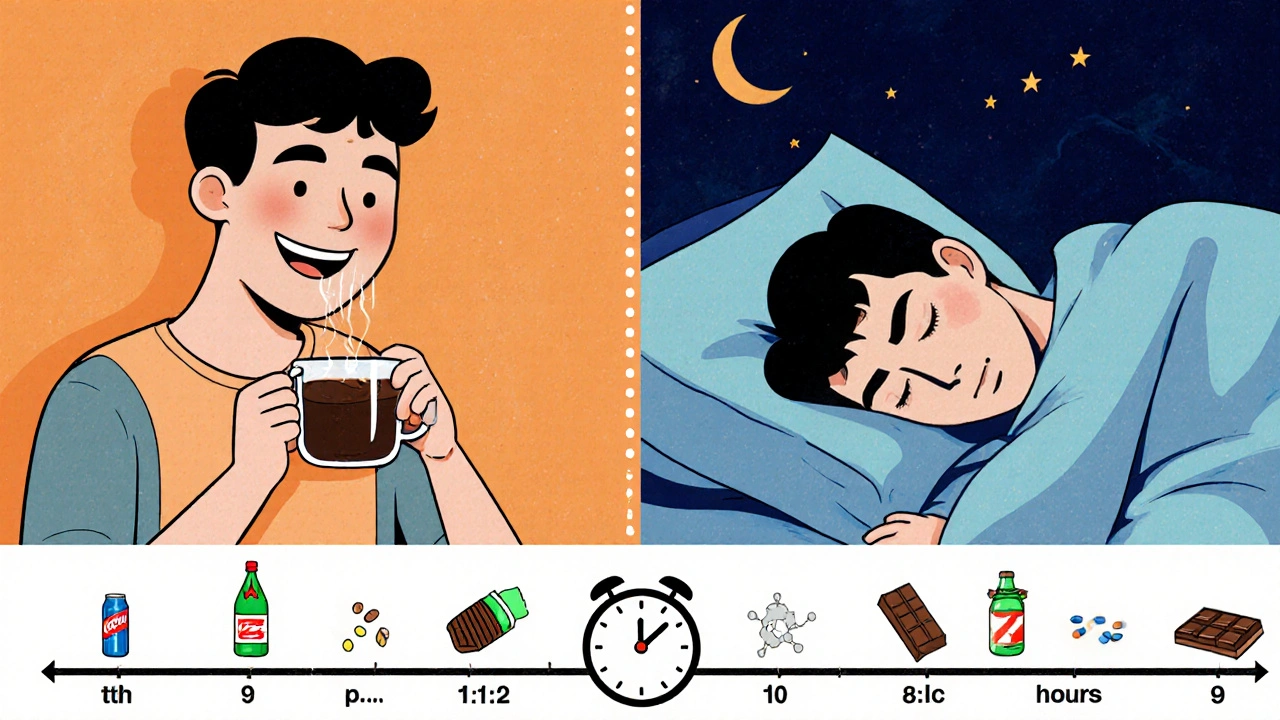Split scene showing coffee consumption at 1:12 p.m. and restless sleep at 10 p.m. with a caffeine timeline.