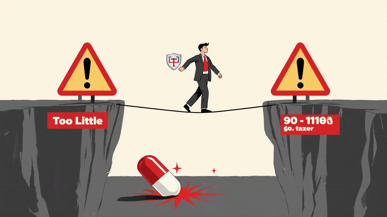 Tightrope walker balancing on a narrow therapeutic range with a shielded generic pill safely below.