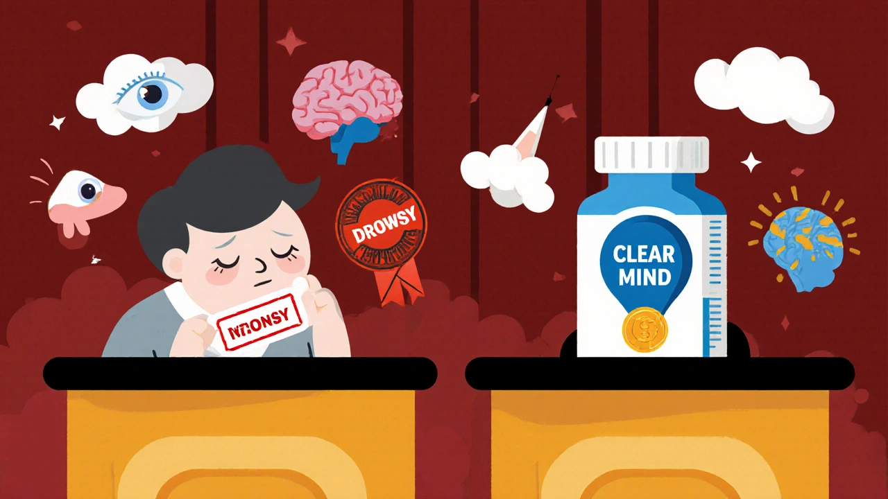 Two antihistamine pills on trial, one drowsy and one alert, surrounded by allergy symptoms.