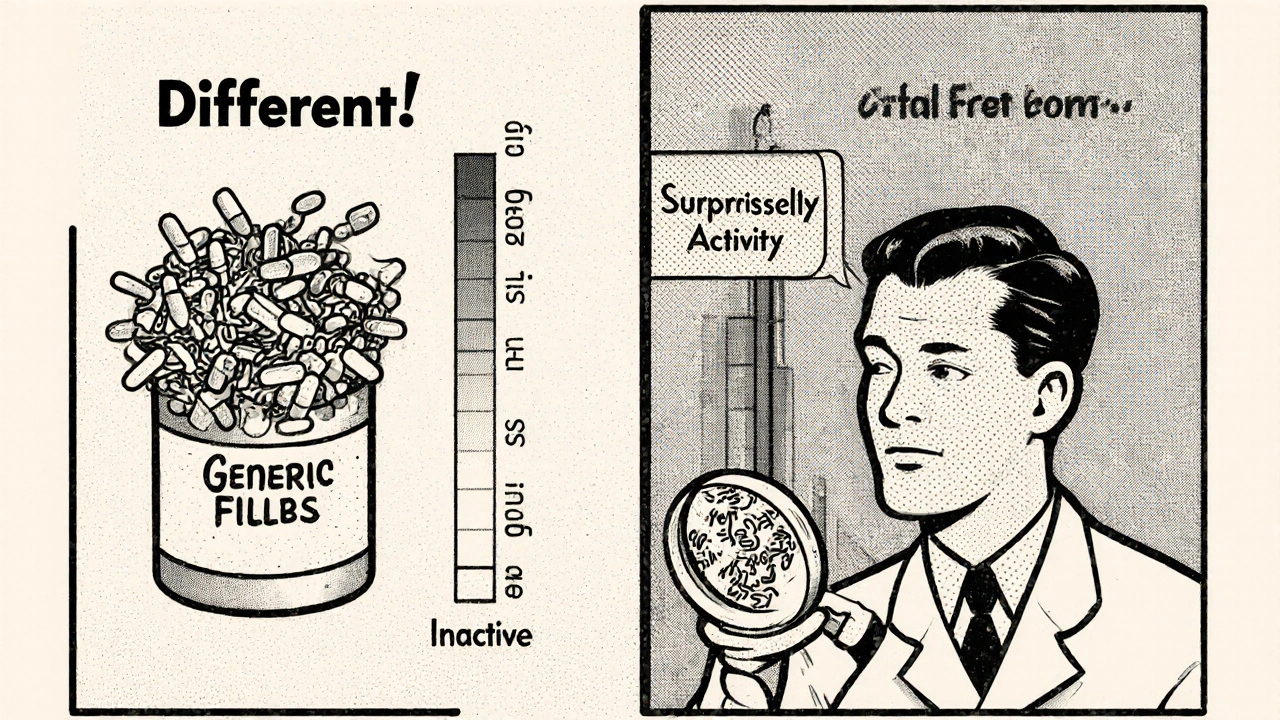 Two pills compared side by side, one with chaotic fillers, as a pharmacist reveals hidden biological interactions.