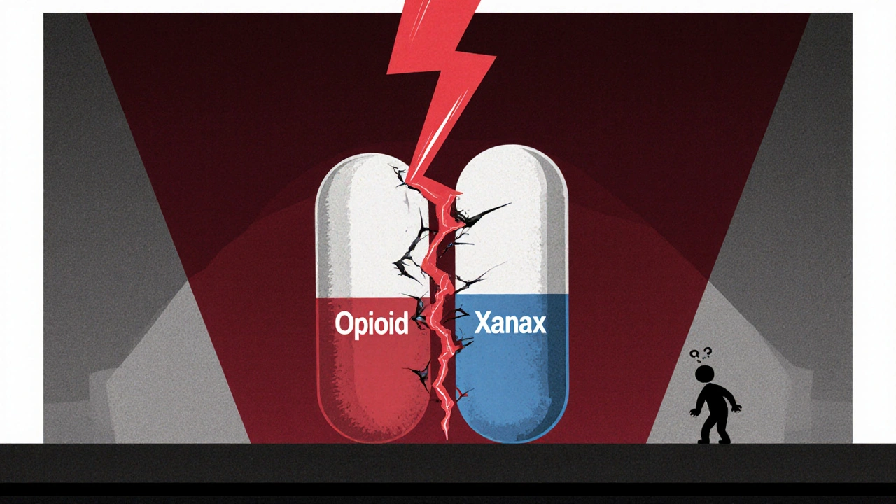 Two pills labeled Opioid and Xanax locked together with red lightning cracking between them.