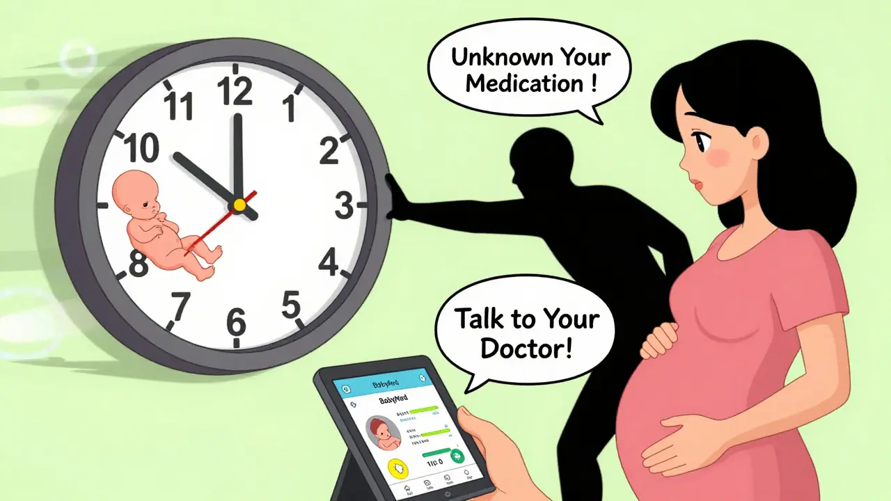 A clock showing fetal development stages with a doctor advising via app, UPA cartoon style.