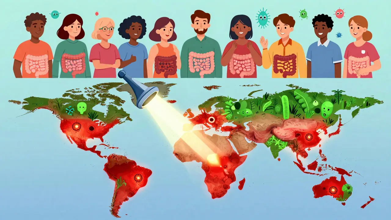 A global map shows antibiotic overuse being reduced by a precision stewardship tool, restoring healthy gut bacteria.