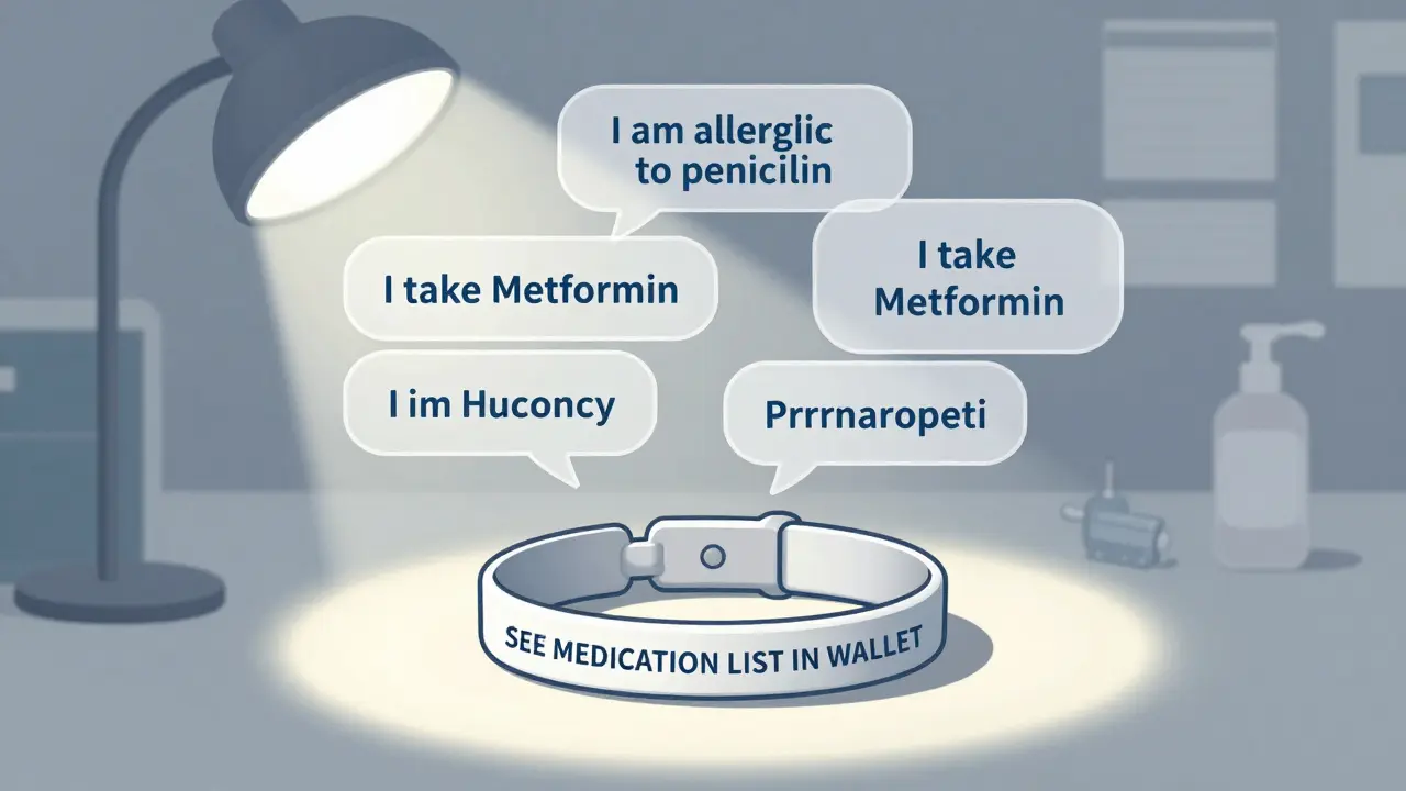 A medical alert bracelet displays a message pointing to a medication list, with translated phrases floating nearby.