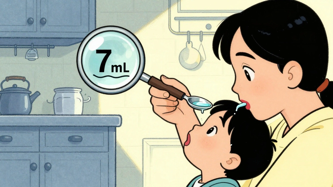A parent using a kitchen spoon to give medicine, with a magnifying glass showing incorrect measurement.
