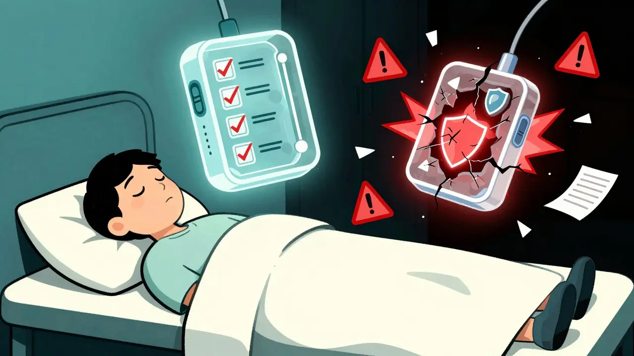 A peaceful patient above a perfect medical device, contrasted with a broken, sparking version below.