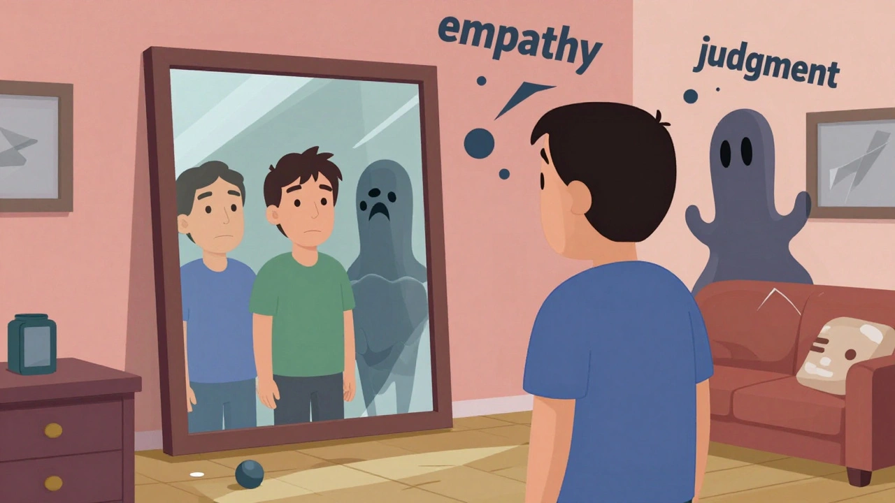 A person facing a mirror showing three different personalities, representing frontotemporal dementia.