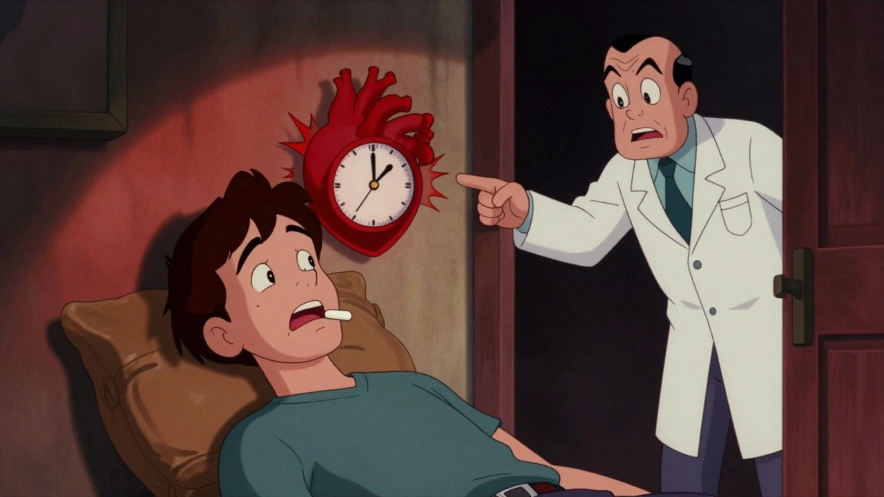 A person overdosing on pills with a ticking heart warning, doctor pointing in alarm.