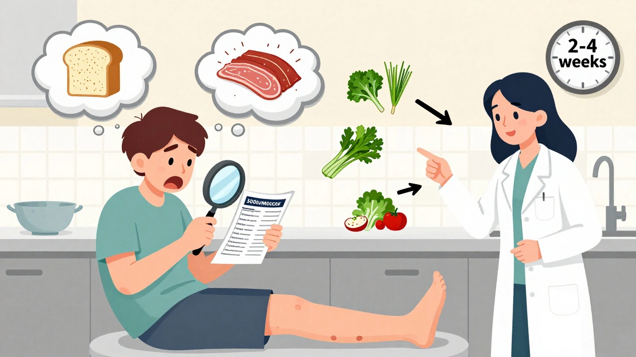 A person reads a food label as hidden sodium sources explode into salt clouds, while a dietitian points to herbs and vegetables in a kitchen scene.