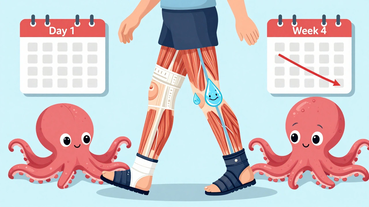 A person walks wearing compression stockings as friendly fluid droplets are pushed upward by muscles, with a pneumatic sleeve nearby and a calendar showing progress.