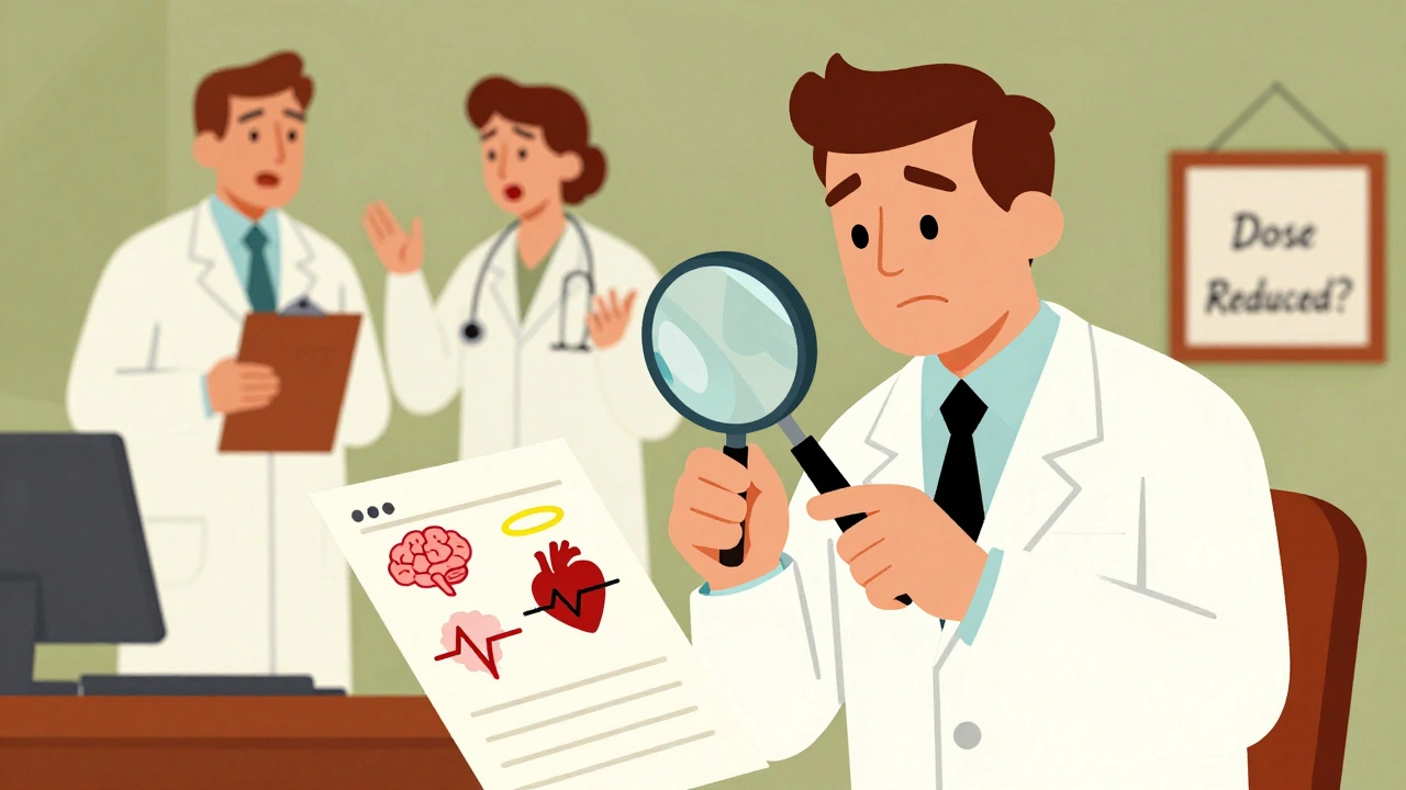 A pharmacist examining a prescription with hidden warning symbols as doctors argue in the background.