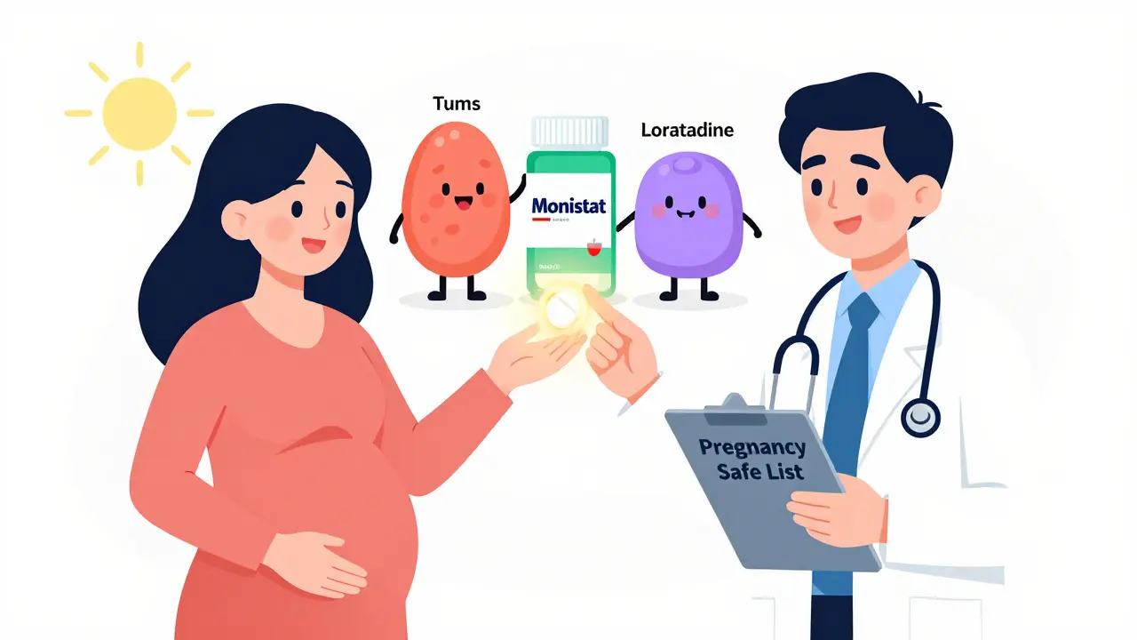 A pregnant woman choosing safe medications like Tylenol and Tums, with friendly medical icons, UPA cartoon style.