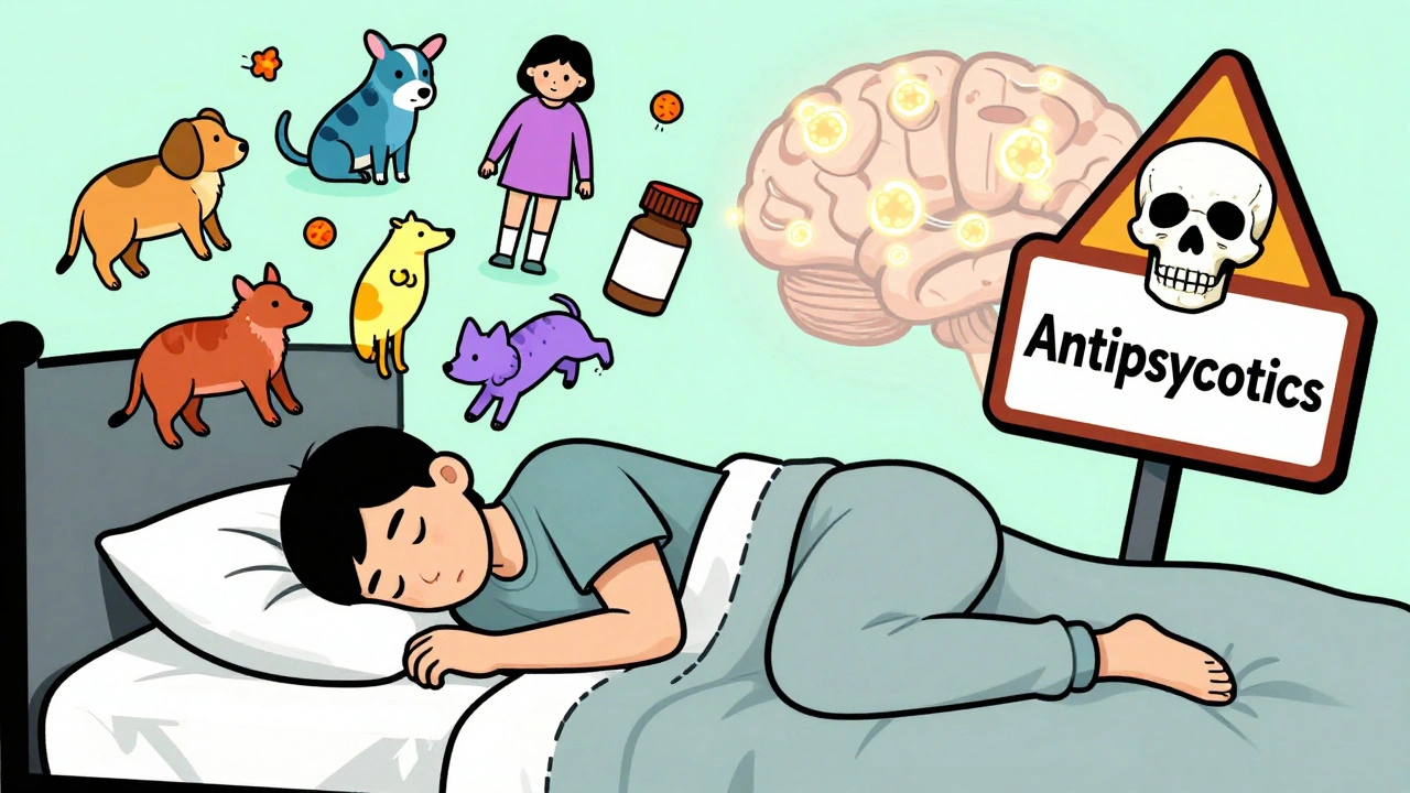 A sleeping person with floating hallucinations and a warning sign against antipsychotics, illustrating Lewy body dementia.