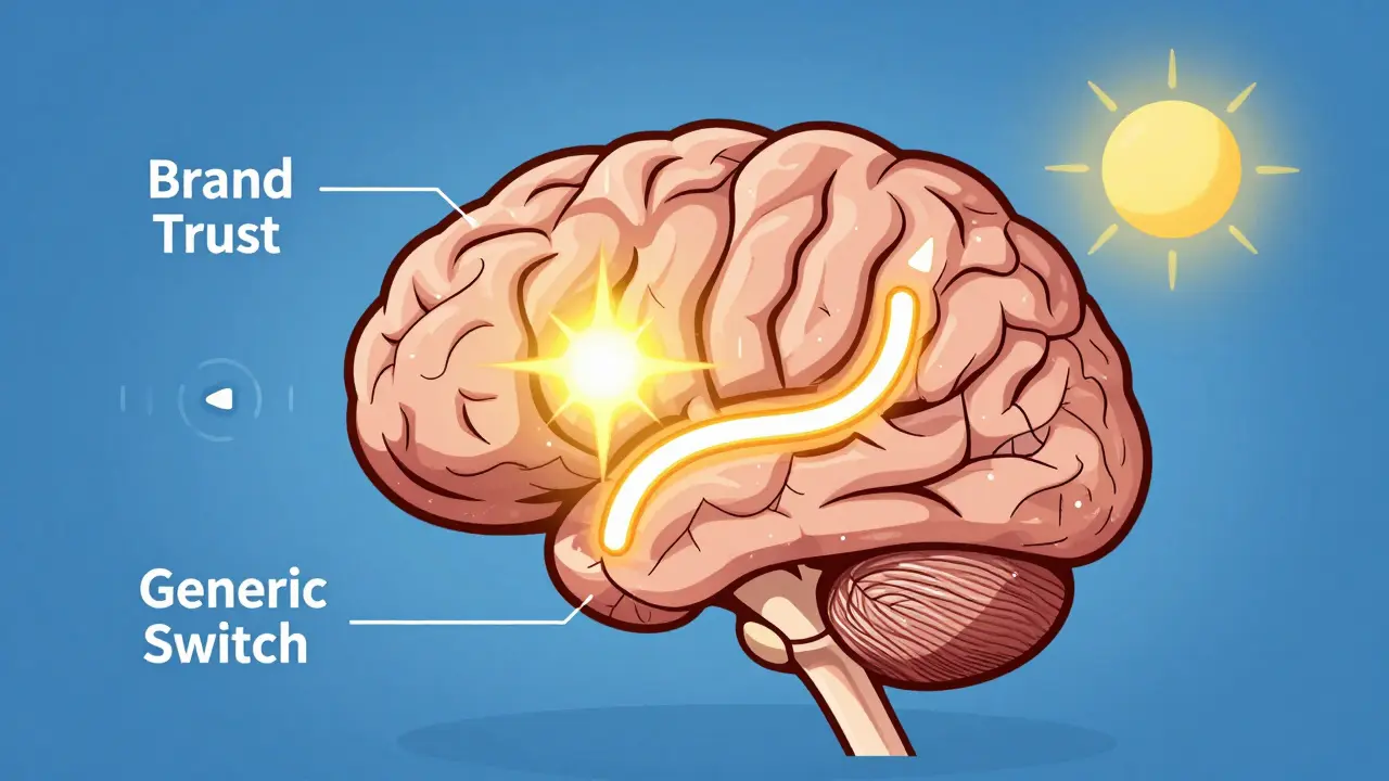 A stylized brain with glowing pathways representing trust in brand medication versus uncertainty with generics.