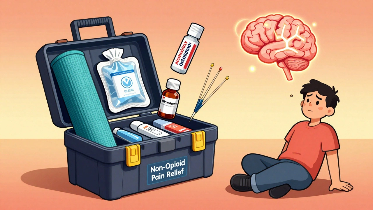 A toolbox with non-opioid pain relief tools like yoga mat, gel, and brain icon, drawn in bold flat colors.