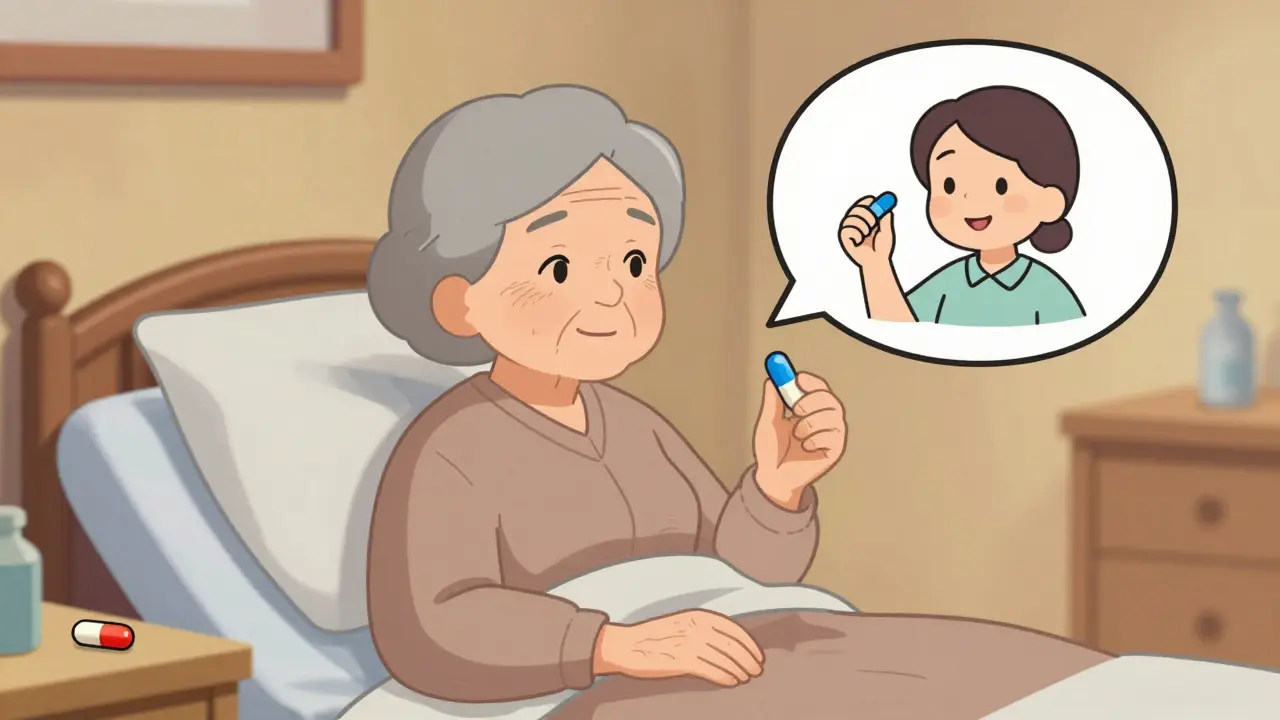An elderly woman holding her familiar pill while a different one lies beside her, surrounded by a memory bubble.