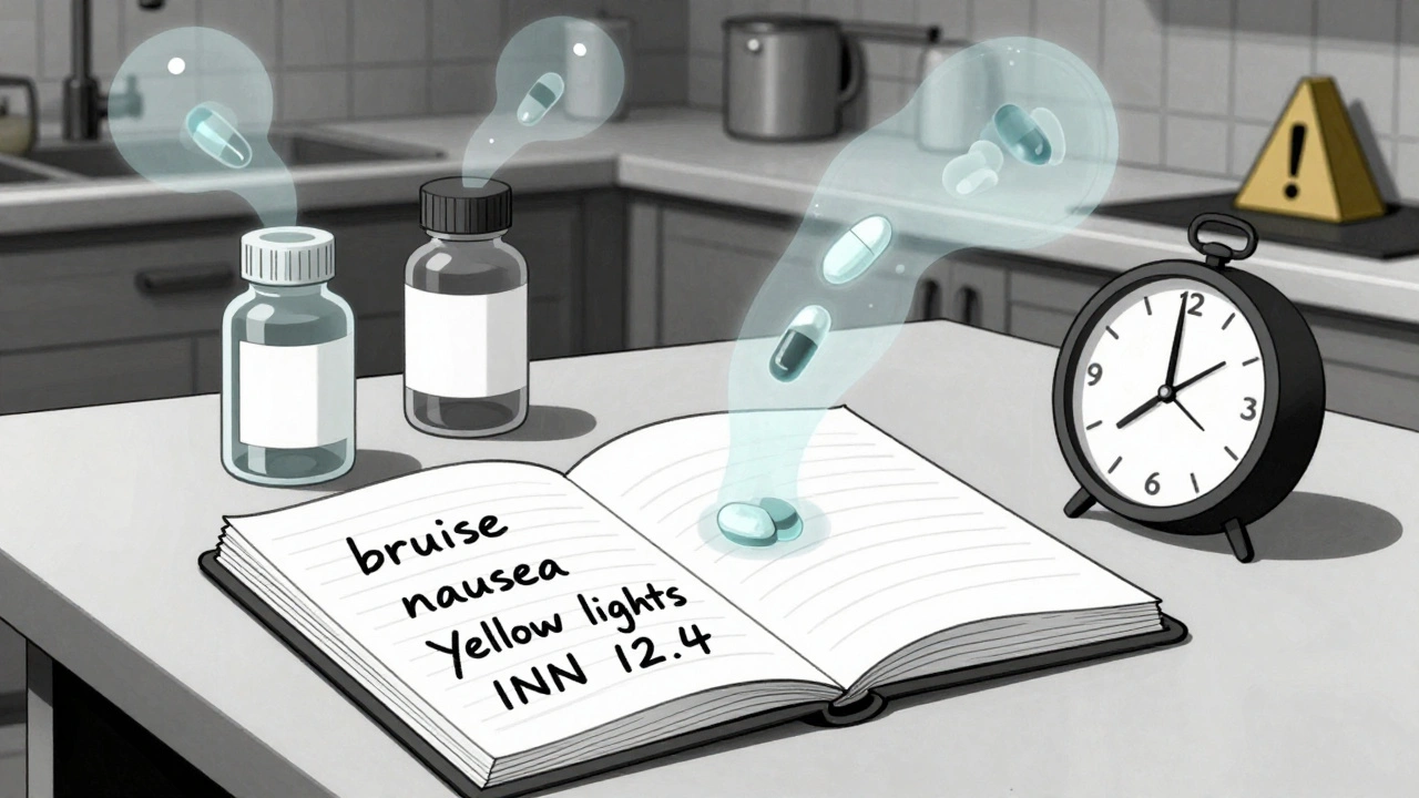 An open notebook with symptom notes and floating drug molecules turning into warning sirens.