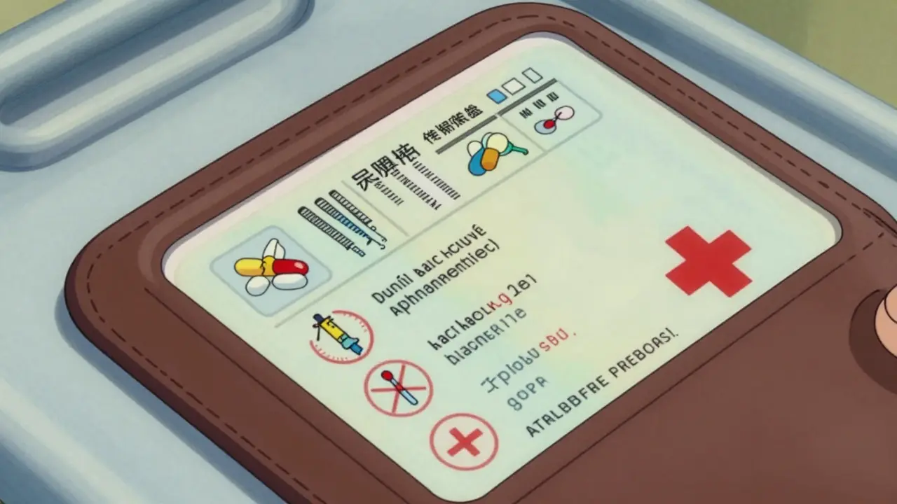 An open wallet reveals a printed medication list with icons and multilingual labels on a hospital gurney.