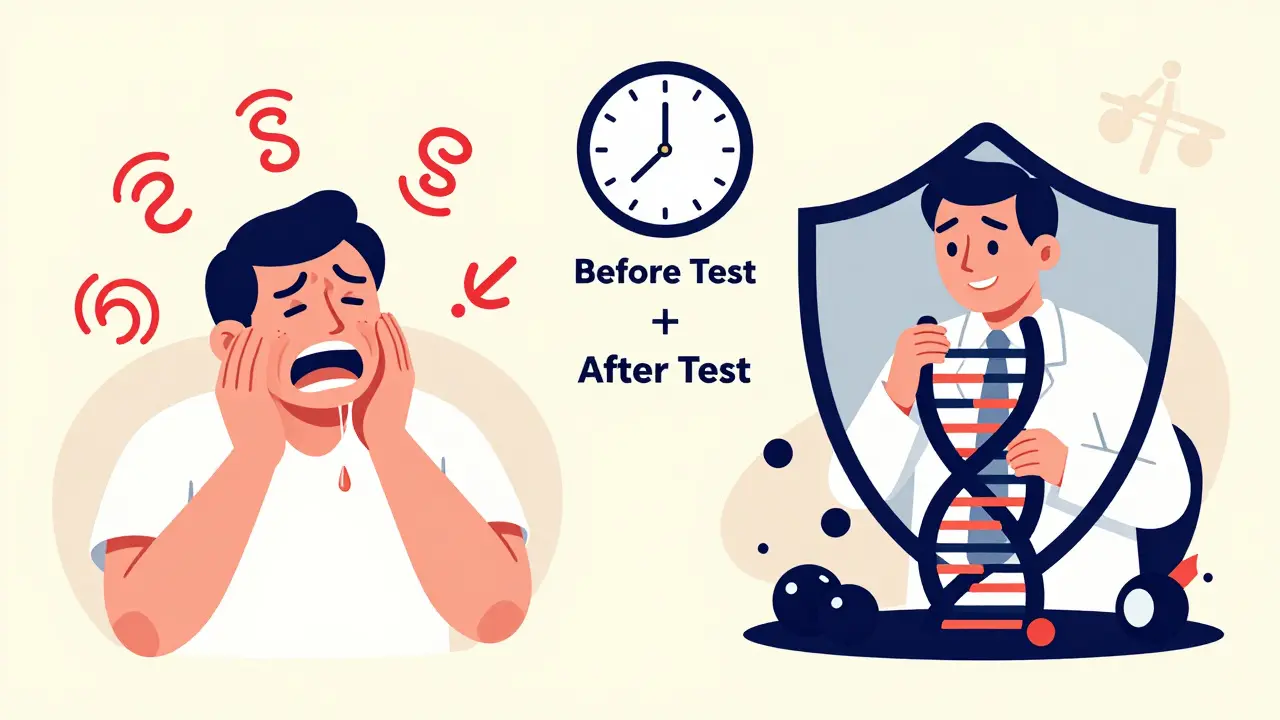 Before and after comparison: one side shows drug reaction danger, the other shows protected patient with DNA shield.