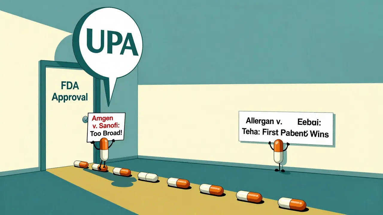 Brand-name company blocks generic pills from entering market, with key court cases visible.