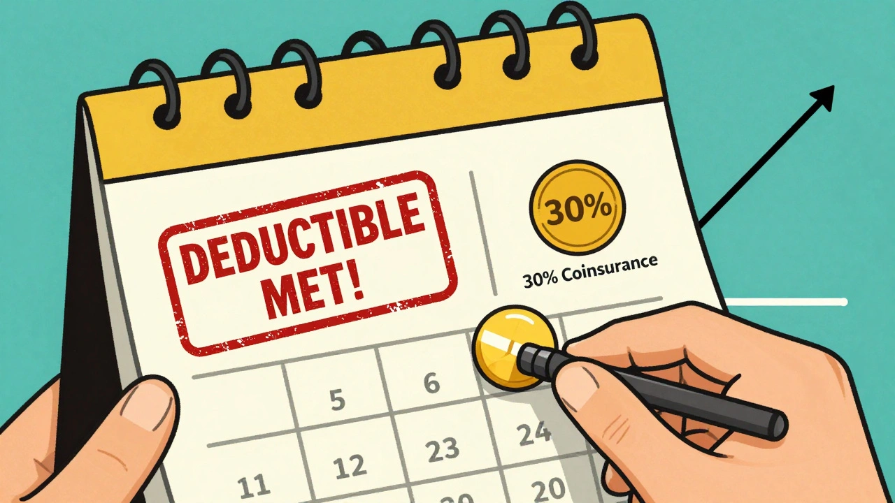 Calendar showing transition from paying full price to coinsurance after meeting deductible, with a cap marking out-of-pocket maximum.