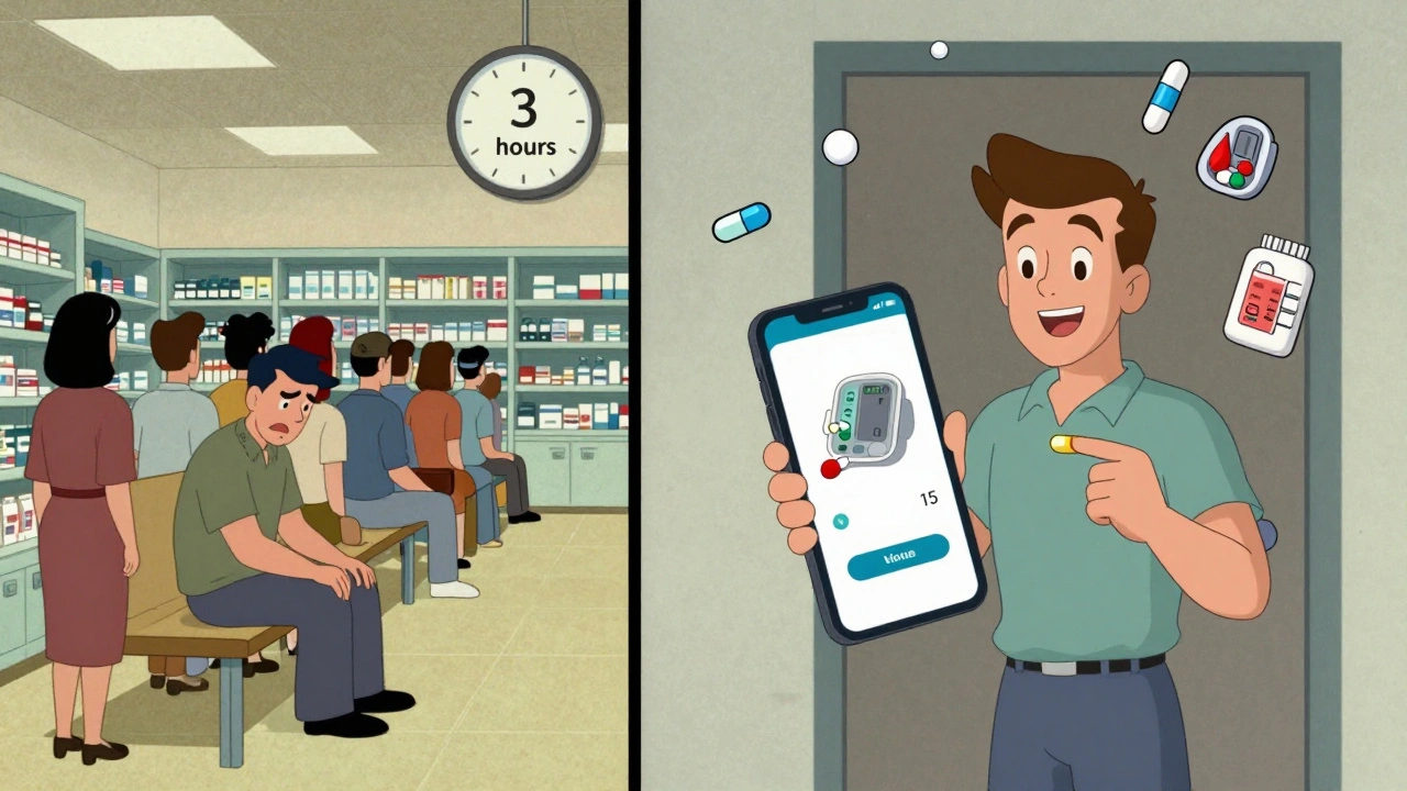 Contrasting scene: long pharmacy wait vs. fast app delivery of medication with clock icons.