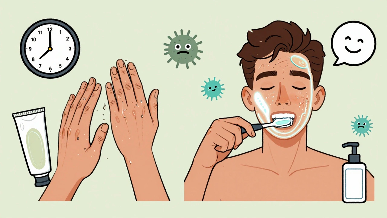 Contrasting scenes of neglect vs. consistent emollient use, with reminder icons and protective barriers.